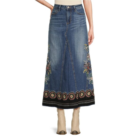 Driftwood x Free People Maxi Skirt Womens sz 26 Floral Embroidered Frayed Denim - Picture 1 of 16